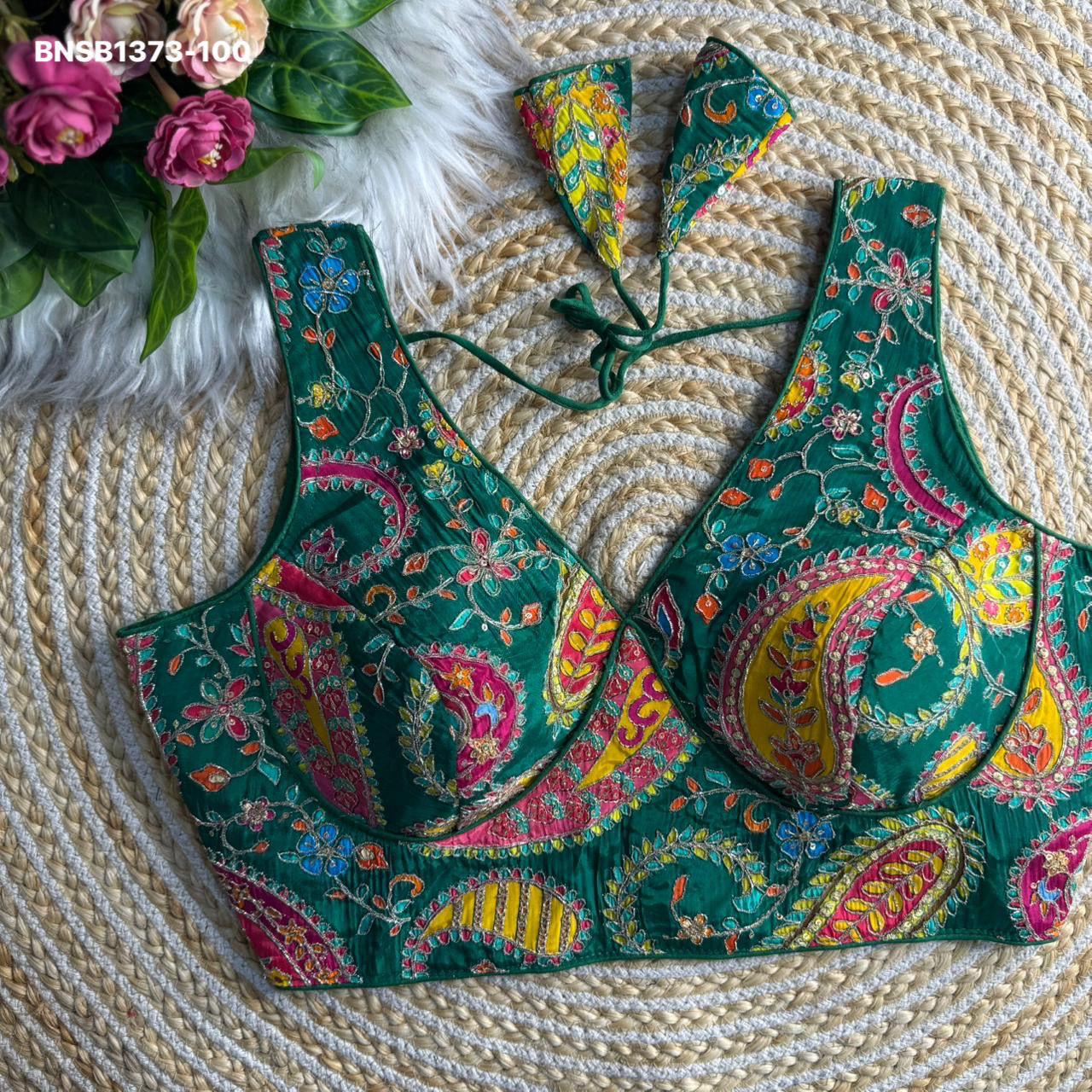Sabyasachi neck heavy long carry position work-Emerald Green